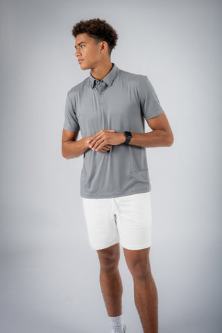 Close-up of Dylan Polo detailing, highlighting Yebo Clothing's eco-friendly approach in creating performance hoodies. This moisture-wicking fabric ensures comfort during workouts while promoting mindful movement.