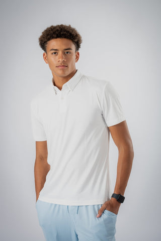 Close-up shot of the Dylan Polo fabric, highlighting eco-friendly gym clothes crafted from recycled polyester that ensure comfort and style for mindful movement during various activities.