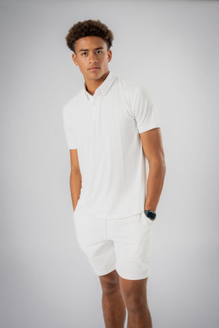 Model wearing the Dylan Polo by Yebo Clothing during a workout, exemplifying moisture-wicking fabric ideal for sustainable athleisure and ethical fitness apparel.