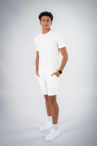 Model wearing the Ethan T-Shirt by Yebo Clothing, demonstrating its fit for conscious fashion, promoting both style and comfort with recycled polyester.