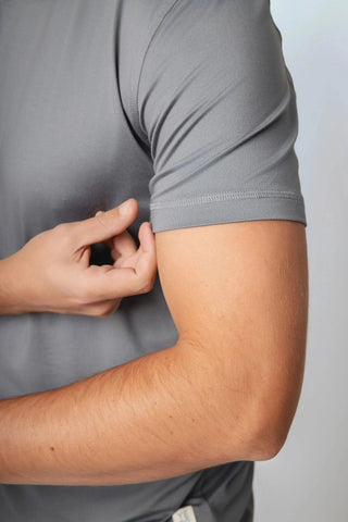 Close-up of the Ethan T-Shirt's soft fabric, emphasizing its qualities as breathable workout gear that supports the I See You movement and promotes carbon neutral clothing.