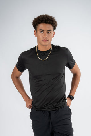 Ethan T-Shirt displayed on a hanger, showcasing its stylish cut and ethical fitness apparel credentials by Yebo Clothing. This sustainable athleisure item is made from recycled materials, supporting the I See You movement with breathable workout gear and minimalist loungewear options.