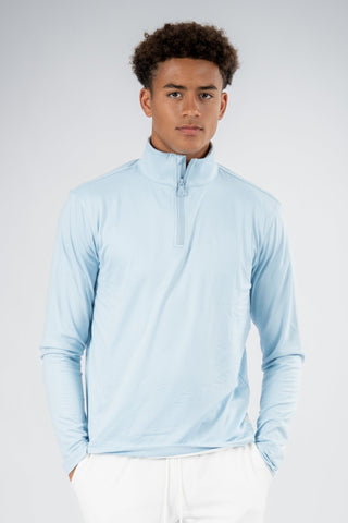 Close-up of the fabric of the Lucas Quarter Zip from Yebo Clothing, demonstrating the breathable workout gear made from recycled materials for ethical fitness apparel.