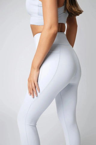 Side angle of Maha Legging by Yebo Clothing highlights the slim silhouette and breathable workout gear design, crafted from recycled materials for ethical fitness apparel.
