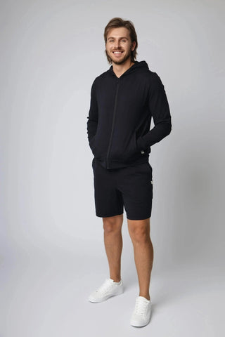 Lifestyle shot of Yebo Clothing's Mason Shorts, illustrating perfect fit for performance hoodies and mens joggers, ideal for workouts and casual outings.