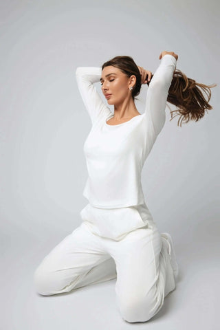 Styled shot of the Valentina Ballerina Shirt by Yebo Clothing, highlighting its lightweight material suitable for yoga leggings or mens joggers in an eco-friendly style.