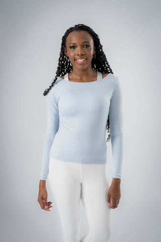 Flat lay of the Valentina Ballerina Shirt by Yebo Clothing, showcasing its versatility as eco-friendly gym clothes and an essential piece for mindful movement and performance hoodies.